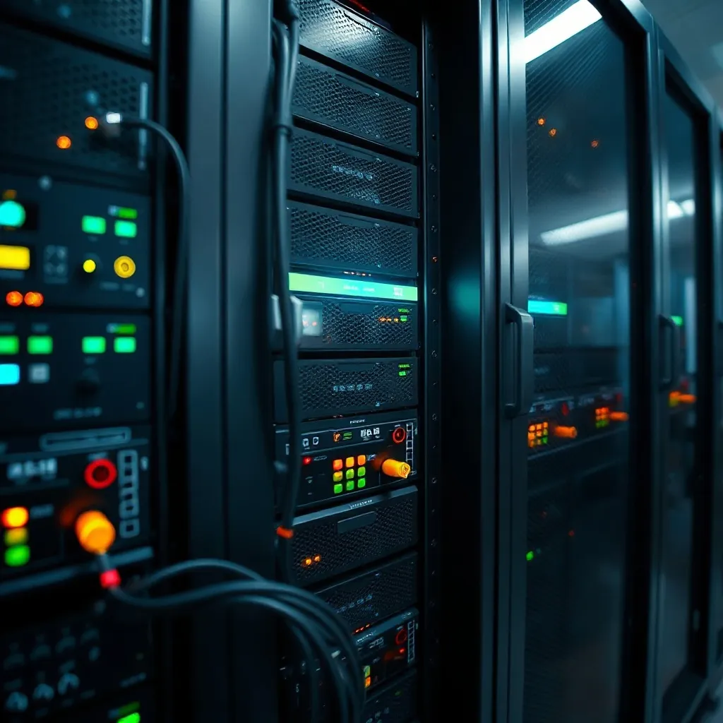 Close-up of a high-tech server rack with glowing indicator l